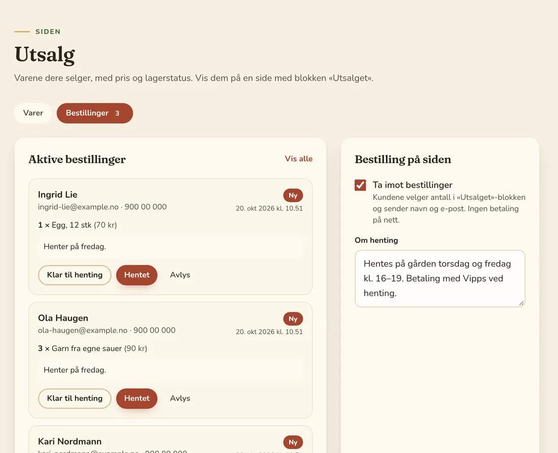 Liste over bestillinger fra gårdsutsalget